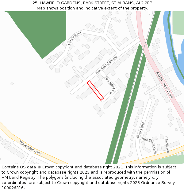 25, HAWFIELD GARDENS, PARK STREET, ST ALBANS, AL2 2PB: Location map and indicative extent of plot