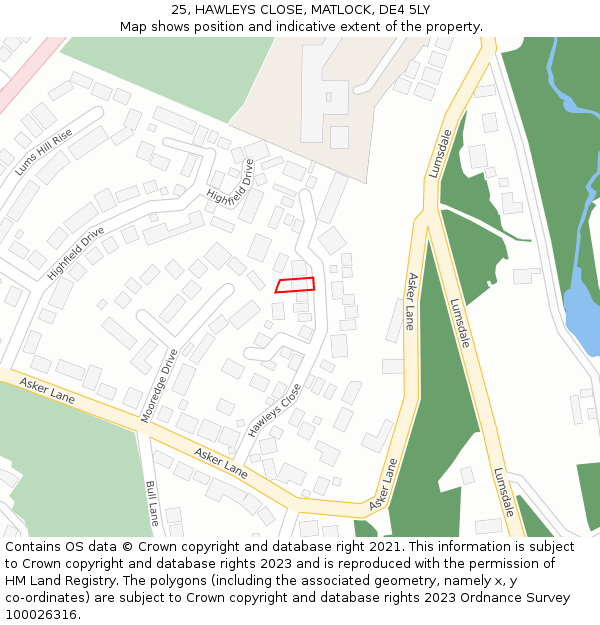 25, HAWLEYS CLOSE, MATLOCK, DE4 5LY: Location map and indicative extent of plot