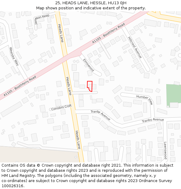 25, HEADS LANE, HESSLE, HU13 0JH: Location map and indicative extent of plot