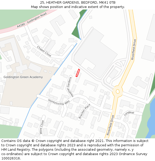 25, HEATHER GARDENS, BEDFORD, MK41 0TB: Location map and indicative extent of plot