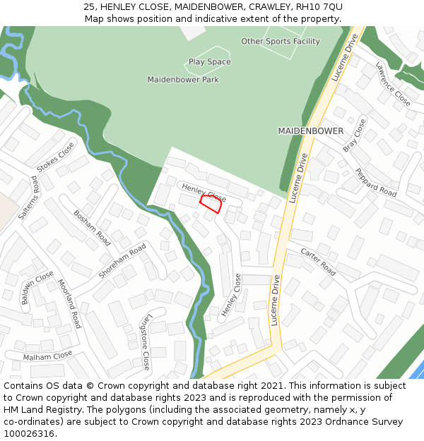 25, HENLEY CLOSE, MAIDENBOWER, CRAWLEY, RH10 7QU: Location map and indicative extent of plot