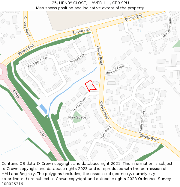 25, HENRY CLOSE, HAVERHILL, CB9 9PU: Location map and indicative extent of plot