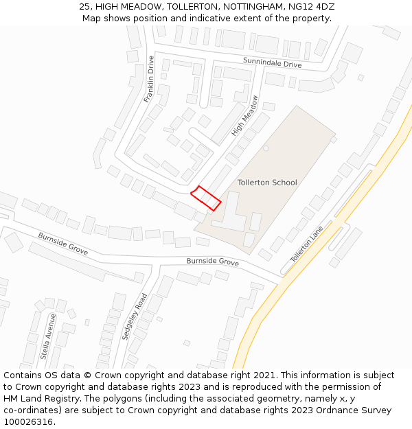 25, HIGH MEADOW, TOLLERTON, NOTTINGHAM, NG12 4DZ: Location map and indicative extent of plot