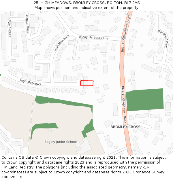 25, HIGH MEADOWS, BROMLEY CROSS, BOLTON, BL7 9AS: Location map and indicative extent of plot