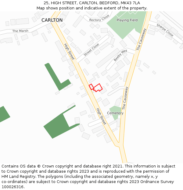 25, HIGH STREET, CARLTON, BEDFORD, MK43 7LA: Location map and indicative extent of plot