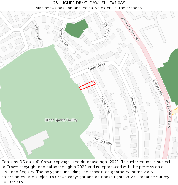 25, HIGHER DRIVE, DAWLISH, EX7 0AS: Location map and indicative extent of plot