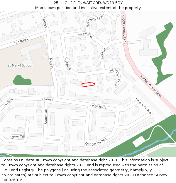 25, HIGHFIELD, WATFORD, WD19 5DY: Location map and indicative extent of plot