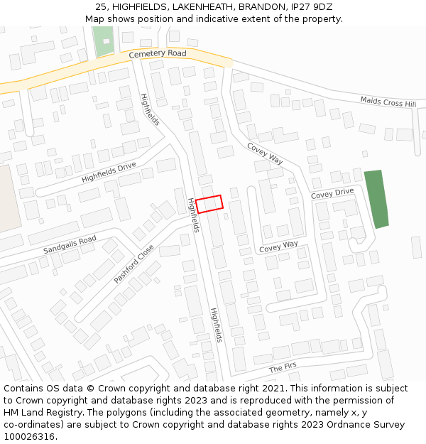 25, HIGHFIELDS, LAKENHEATH, BRANDON, IP27 9DZ: Location map and indicative extent of plot