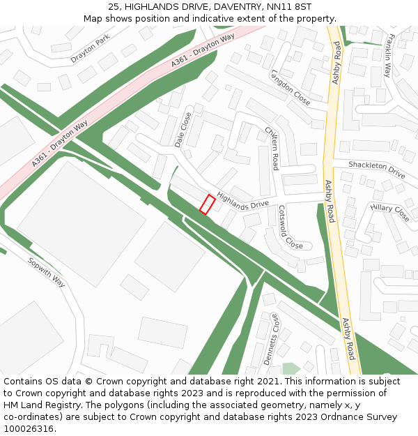 25, HIGHLANDS DRIVE, DAVENTRY, NN11 8ST: Location map and indicative extent of plot