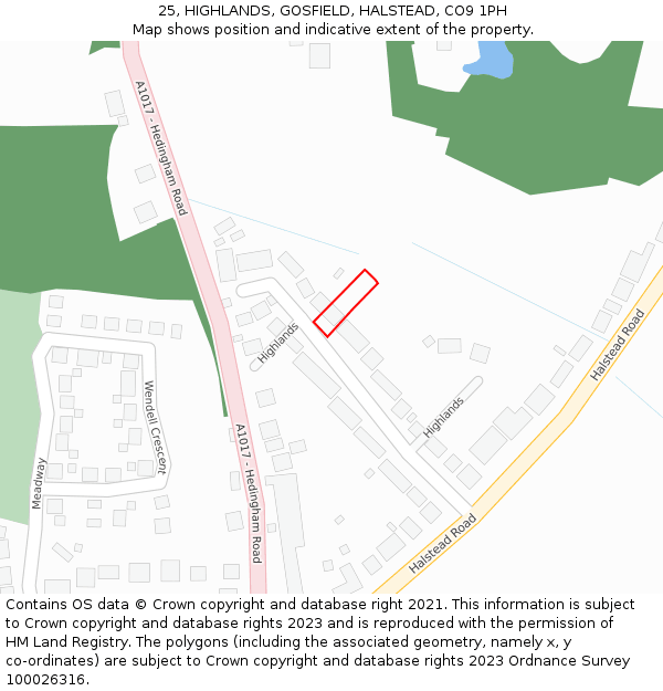 25, HIGHLANDS, GOSFIELD, HALSTEAD, CO9 1PH: Location map and indicative extent of plot