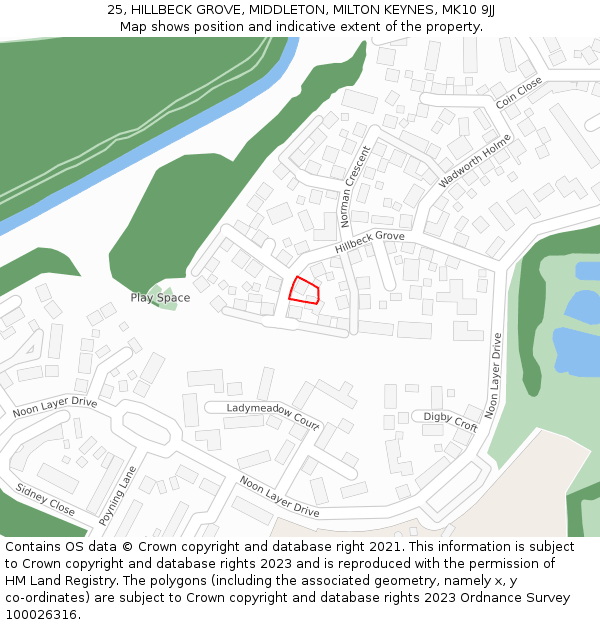 25, HILLBECK GROVE, MIDDLETON, MILTON KEYNES, MK10 9JJ: Location map and indicative extent of plot