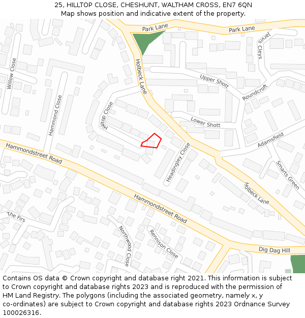 25, HILLTOP CLOSE, CHESHUNT, WALTHAM CROSS, EN7 6QN: Location map and indicative extent of plot