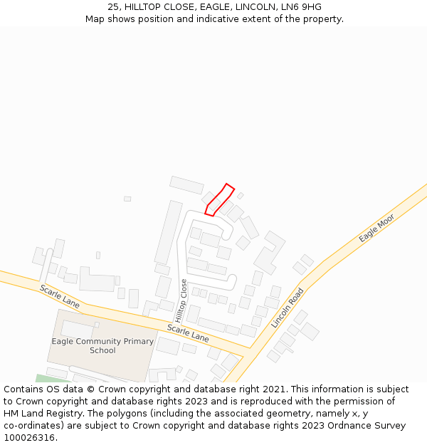 25, HILLTOP CLOSE, EAGLE, LINCOLN, LN6 9HG: Location map and indicative extent of plot