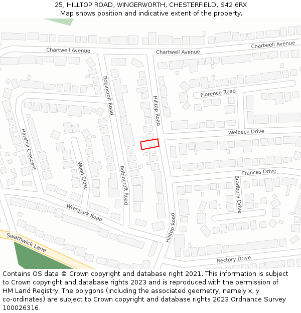 25, HILLTOP ROAD, WINGERWORTH, CHESTERFIELD, S42 6RX: Location map and indicative extent of plot