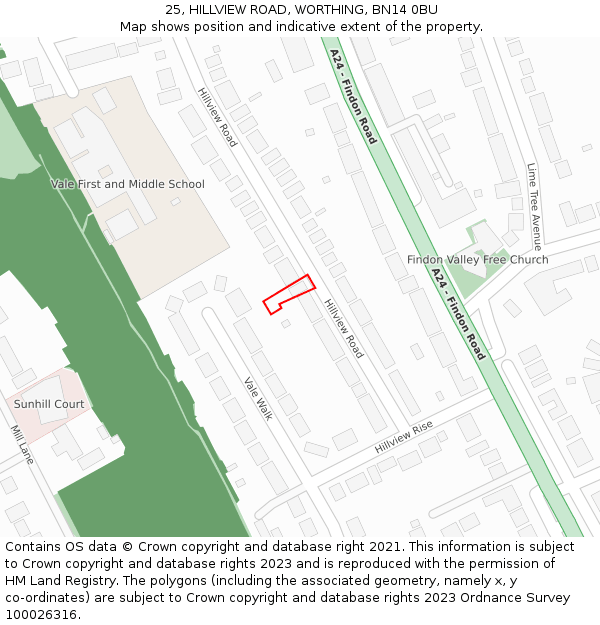 25, HILLVIEW ROAD, WORTHING, BN14 0BU: Location map and indicative extent of plot