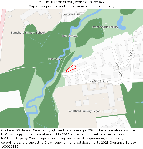 25, HOEBROOK CLOSE, WOKING, GU22 9PY: Location map and indicative extent of plot