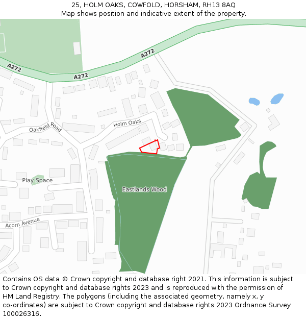 25, HOLM OAKS, COWFOLD, HORSHAM, RH13 8AQ: Location map and indicative extent of plot