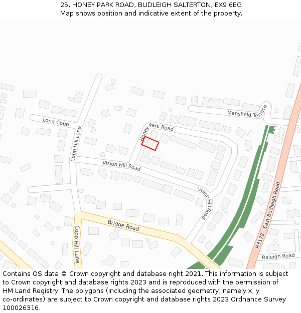 25, HONEY PARK ROAD, BUDLEIGH SALTERTON, EX9 6EG: Location map and indicative extent of plot