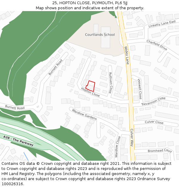 25, HOPTON CLOSE, PLYMOUTH, PL6 5JJ: Location map and indicative extent of plot