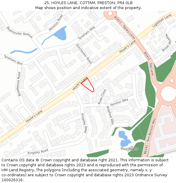 25, HOYLES LANE, COTTAM, PRESTON, PR4 0LB: Location map and indicative extent of plot