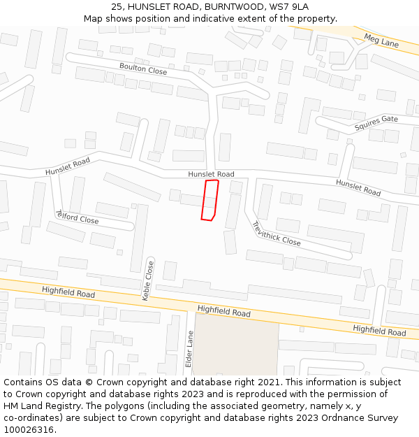 25, HUNSLET ROAD, BURNTWOOD, WS7 9LA: Location map and indicative extent of plot