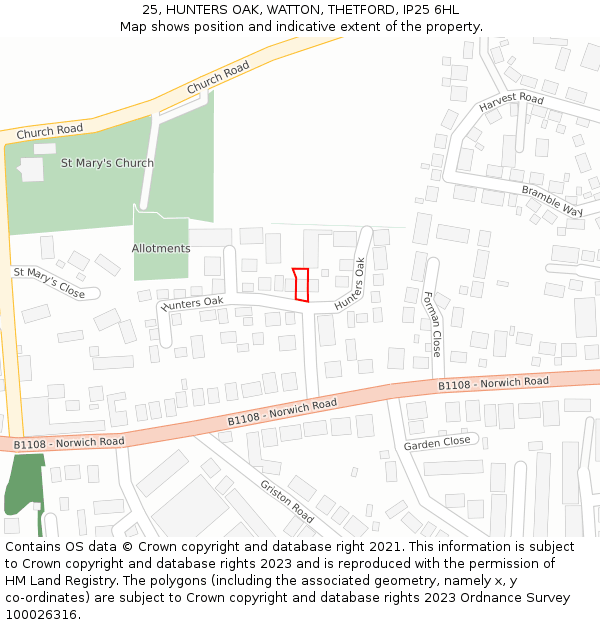 25, HUNTERS OAK, WATTON, THETFORD, IP25 6HL: Location map and indicative extent of plot