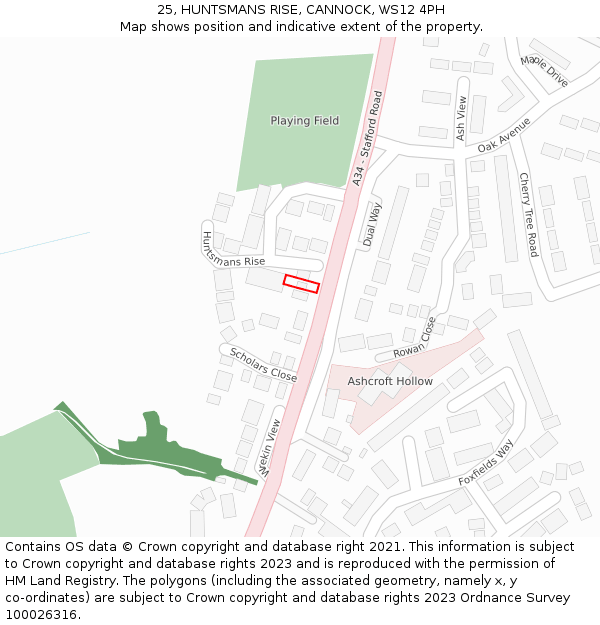 25, HUNTSMANS RISE, CANNOCK, WS12 4PH: Location map and indicative extent of plot