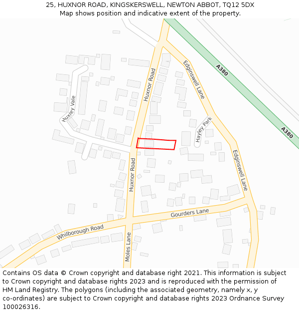 25, HUXNOR ROAD, KINGSKERSWELL, NEWTON ABBOT, TQ12 5DX: Location map and indicative extent of plot