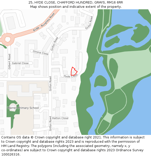25, HYDE CLOSE, CHAFFORD HUNDRED, GRAYS, RM16 6RR: Location map and indicative extent of plot
