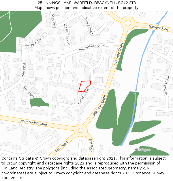 25, INNINGS LANE, WARFIELD, BRACKNELL, RG42 3TR: Location map and indicative extent of plot