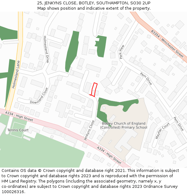 25, JENKYNS CLOSE, BOTLEY, SOUTHAMPTON, SO30 2UP: Location map and indicative extent of plot