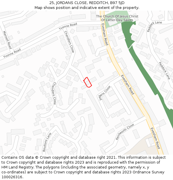 25, JORDANS CLOSE, REDDITCH, B97 5JD: Location map and indicative extent of plot