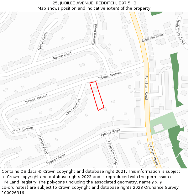 25, JUBILEE AVENUE, REDDITCH, B97 5HB: Location map and indicative extent of plot