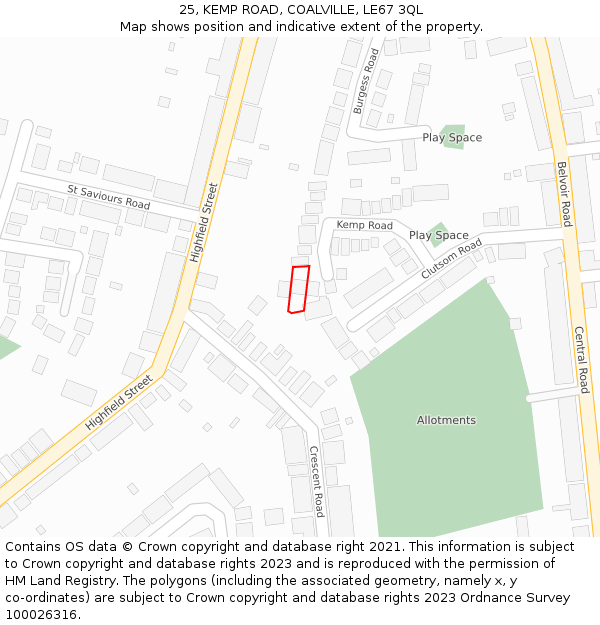 25, KEMP ROAD, COALVILLE, LE67 3QL: Location map and indicative extent of plot