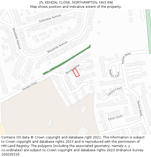25, KENDAL CLOSE, NORTHAMPTON, NN3 6WJ: Location map and indicative extent of plot