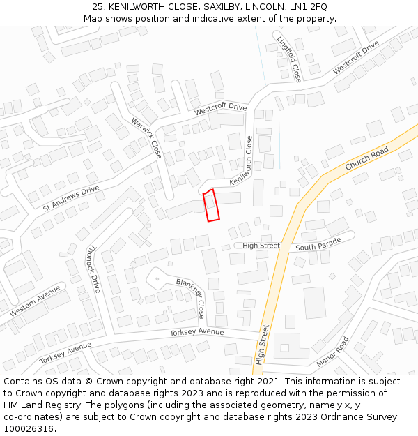 25, KENILWORTH CLOSE, SAXILBY, LINCOLN, LN1 2FQ: Location map and indicative extent of plot