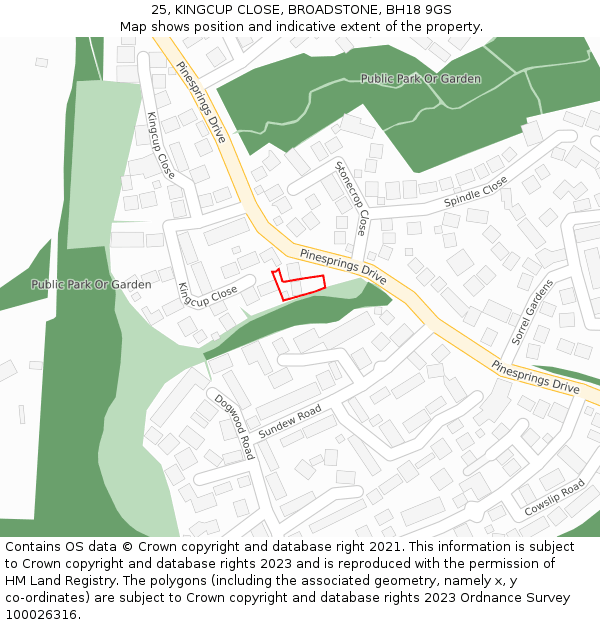 25, KINGCUP CLOSE, BROADSTONE, BH18 9GS: Location map and indicative extent of plot