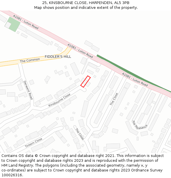 25, KINSBOURNE CLOSE, HARPENDEN, AL5 3PB: Location map and indicative extent of plot