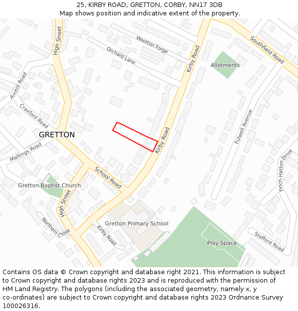 25, KIRBY ROAD, GRETTON, CORBY, NN17 3DB: Location map and indicative extent of plot