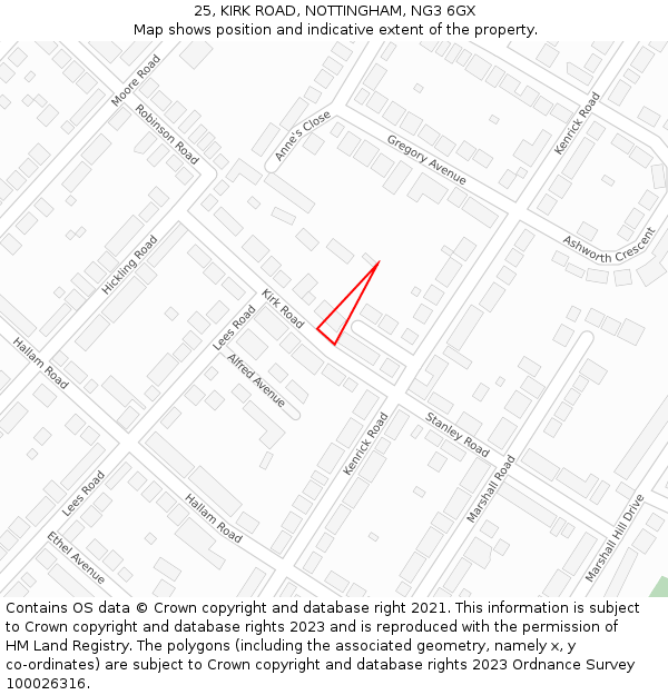 25, KIRK ROAD, NOTTINGHAM, NG3 6GX: Location map and indicative extent of plot