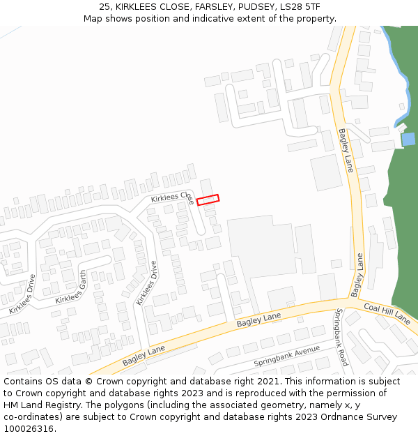 25, KIRKLEES CLOSE, FARSLEY, PUDSEY, LS28 5TF: Location map and indicative extent of plot