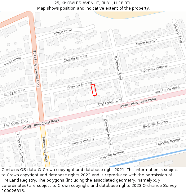 25, KNOWLES AVENUE, RHYL, LL18 3TU: Location map and indicative extent of plot