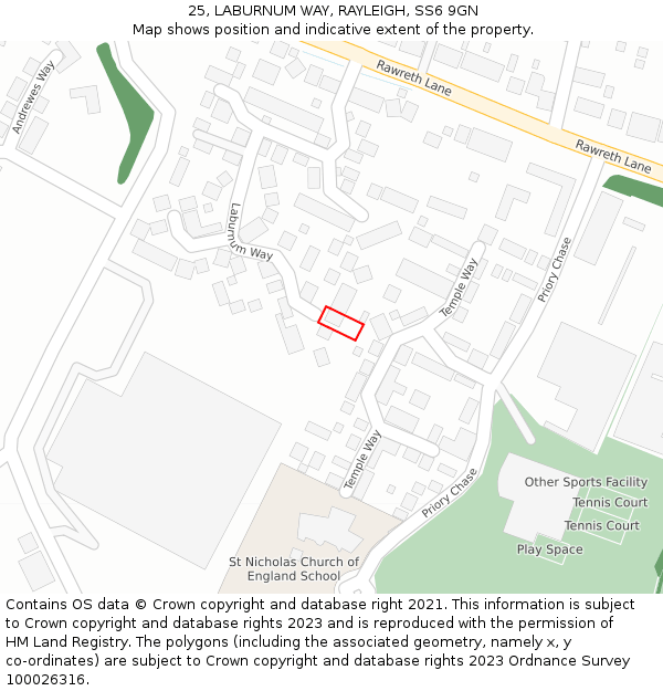 25, LABURNUM WAY, RAYLEIGH, SS6 9GN: Location map and indicative extent of plot