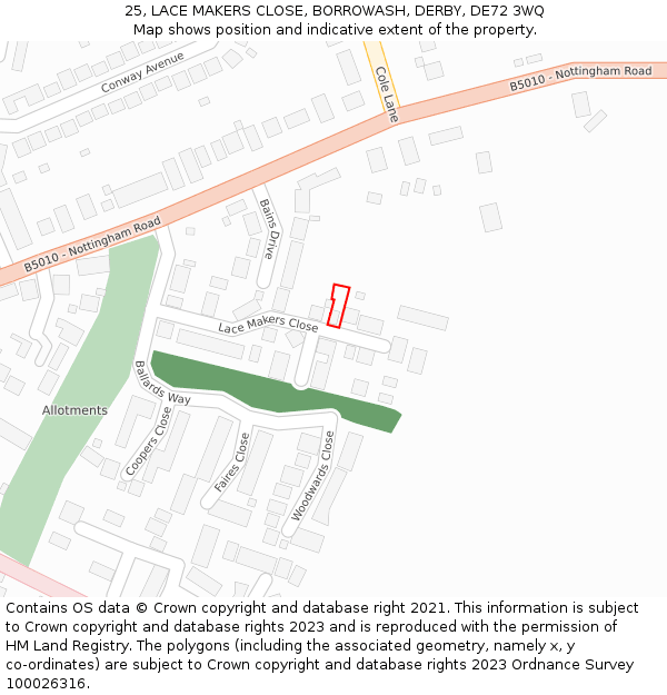 25, LACE MAKERS CLOSE, BORROWASH, DERBY, DE72 3WQ: Location map and indicative extent of plot