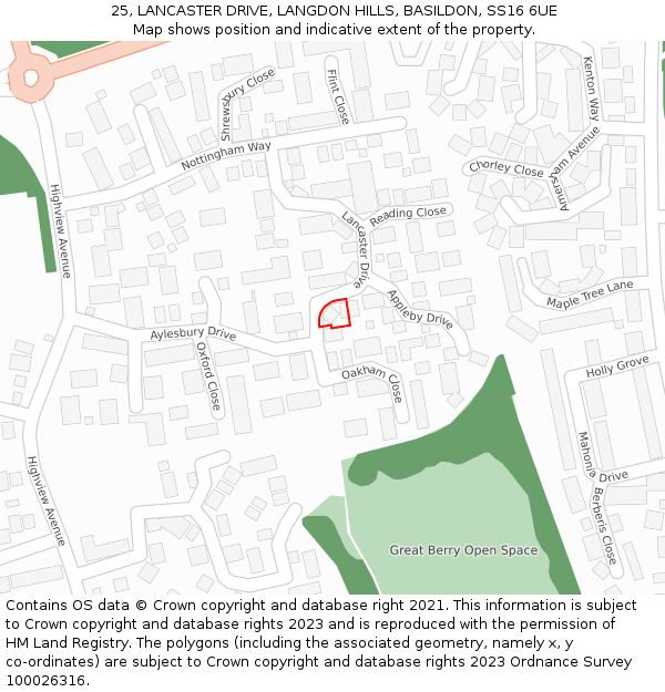 25, LANCASTER DRIVE, LANGDON HILLS, BASILDON, SS16 6UE: Location map and indicative extent of plot