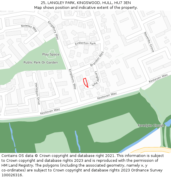 25, LANGLEY PARK, KINGSWOOD, HULL, HU7 3EN: Location map and indicative extent of plot