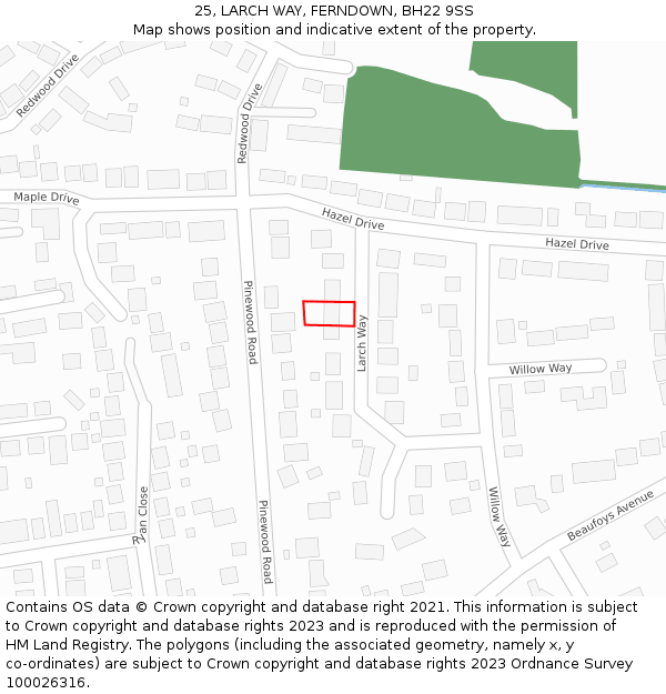 25, LARCH WAY, FERNDOWN, BH22 9SS: Location map and indicative extent of plot