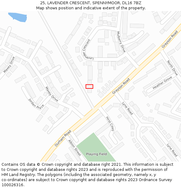 25, LAVENDER CRESCENT, SPENNYMOOR, DL16 7BZ: Location map and indicative extent of plot