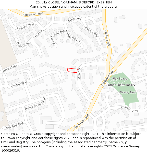 25, LILY CLOSE, NORTHAM, BIDEFORD, EX39 1EH: Location map and indicative extent of plot