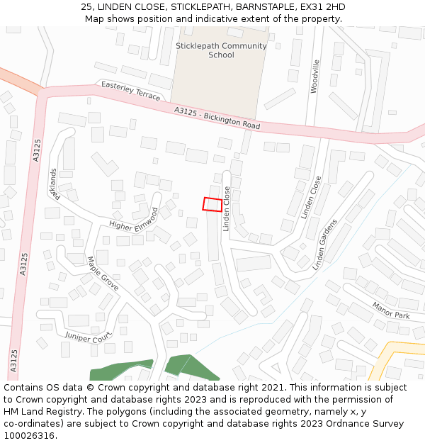 25, LINDEN CLOSE, STICKLEPATH, BARNSTAPLE, EX31 2HD: Location map and indicative extent of plot